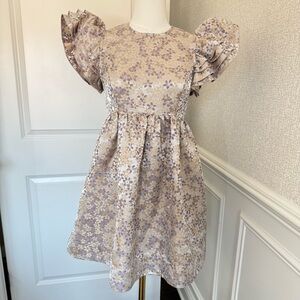 Storia Elegant Floral Women's Big Sleeve Dress in Metallic Cream and Brown Small